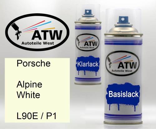 Porsche, Alpine White, L90E / P1: 400ml Sprühdose + 400ml Klarlack - Set, von ATW Autoteile West.